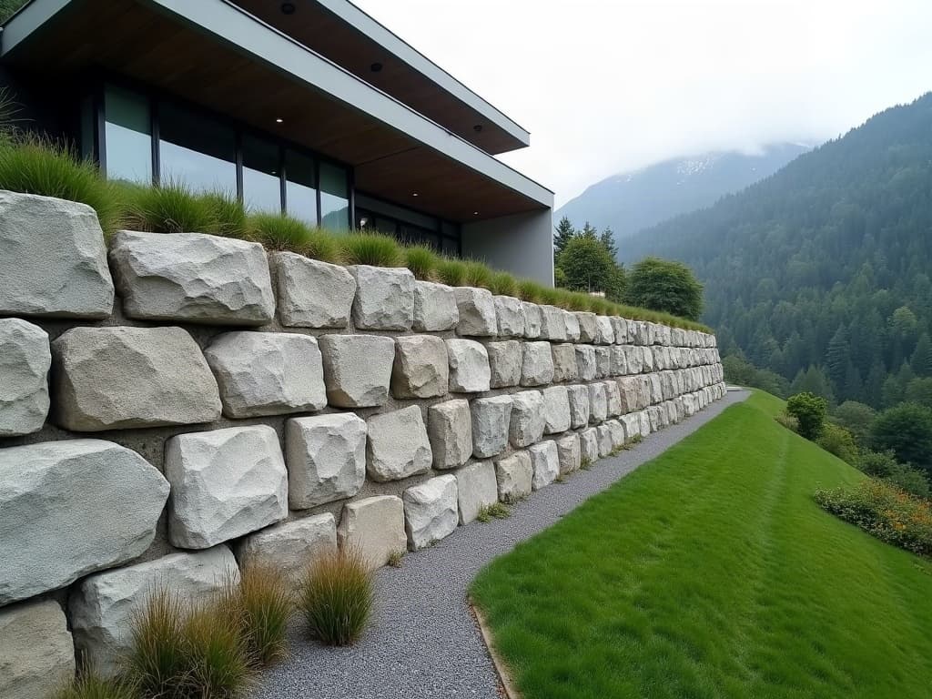 Enrochement bâti en blocs de pierre claire au pied d'une maison contemporaine, lit de gravier drainant en pied, pelouse et massifs de Chartreuse au loin
