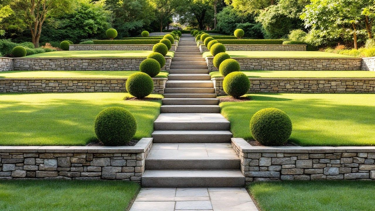 Jardin en trois paliers de pelouse tenus par des murets en pierre, escalier central aux marches identiques, boules de buis