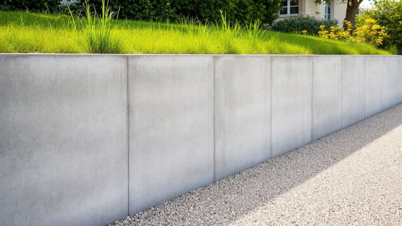 Mur de soutènement en béton banché fini retenant un jardin, bande de gravier à son pied
