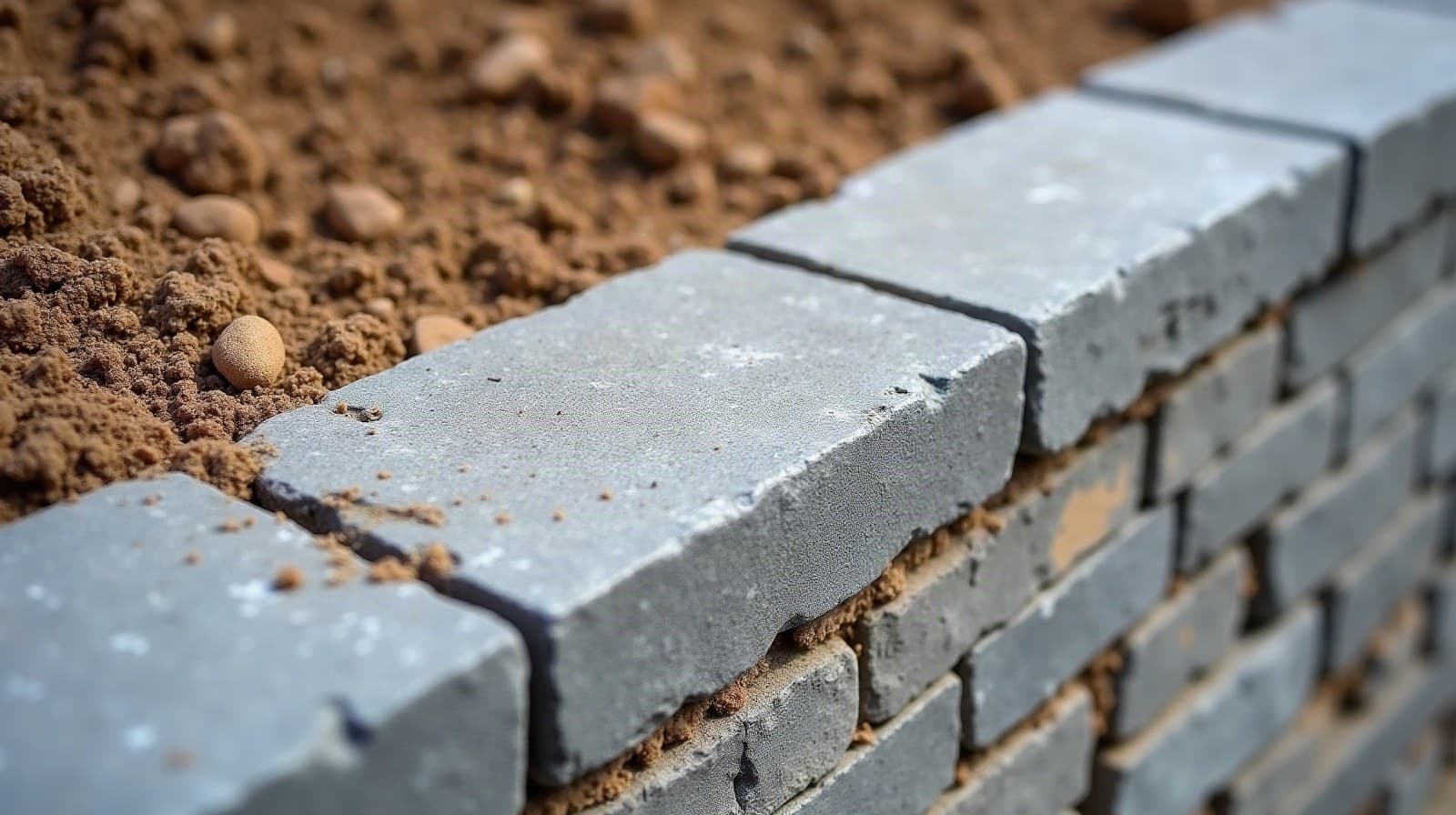 Mur de soutènement en cours de construction sur un terrain en pente
