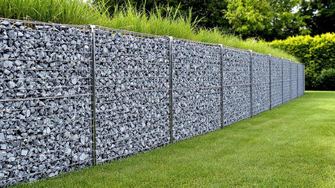Mur en gabions fini, cages galvanisées identiques remplies de pierre concassée grise, coutures verticales visibles entre les cages