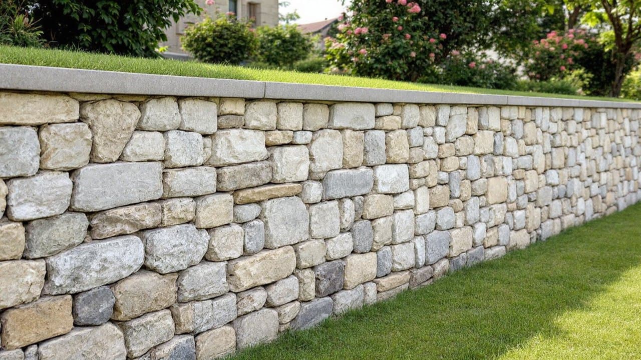 Mur ancien en pierre repris, joints refaits et couronnement neuf, pelouse et rosiers intacts au-dessus