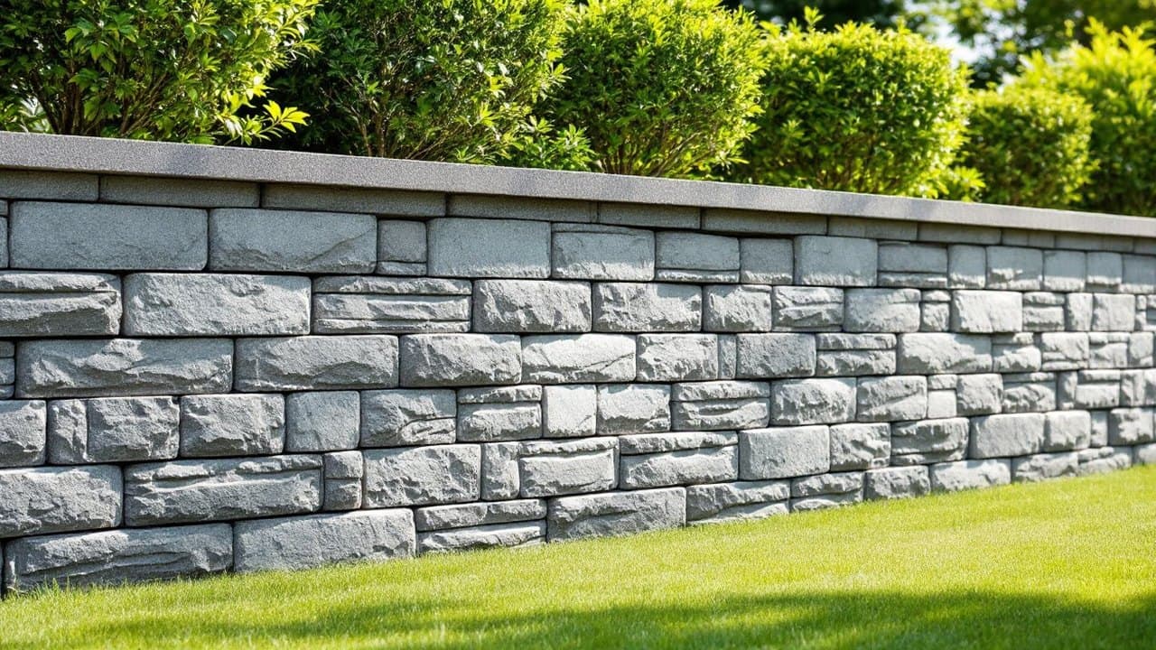 Mur de soutènement fini en blocs de pierre grise à assises régulières, couronnement de dalles, haie taillée au-dessus d'une pelouse