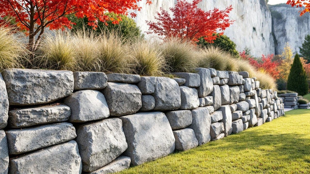 Enrochement en gros blocs gris au pied d'un jardin planté de graminées, érables rouges et falaise calcaire à l'automne