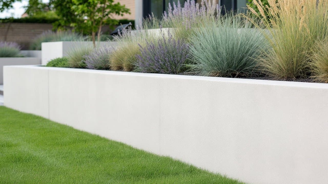 Mur de soutènement en béton lisse retenant un massif surélevé de graminées et de lavandes, dans un jardin contemporain
