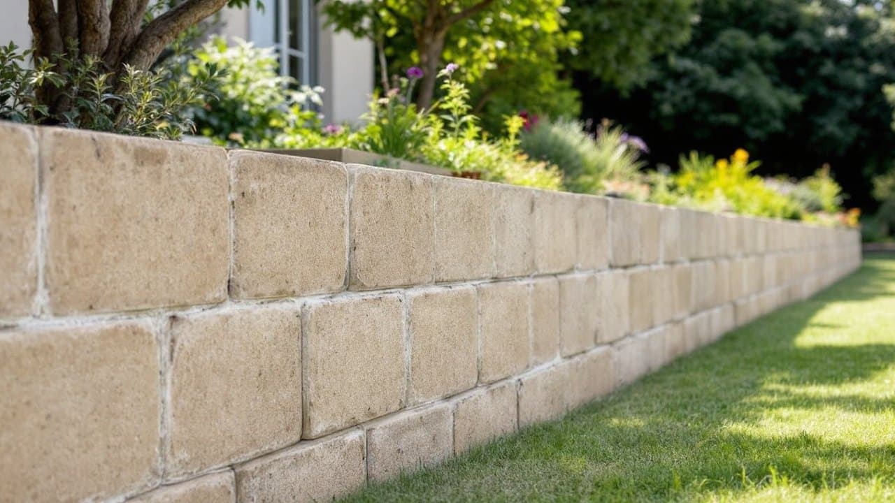 Muret de soutènement en blocs couleur sable à joints alignés, retenant un massif planté au bord d'une pelouse