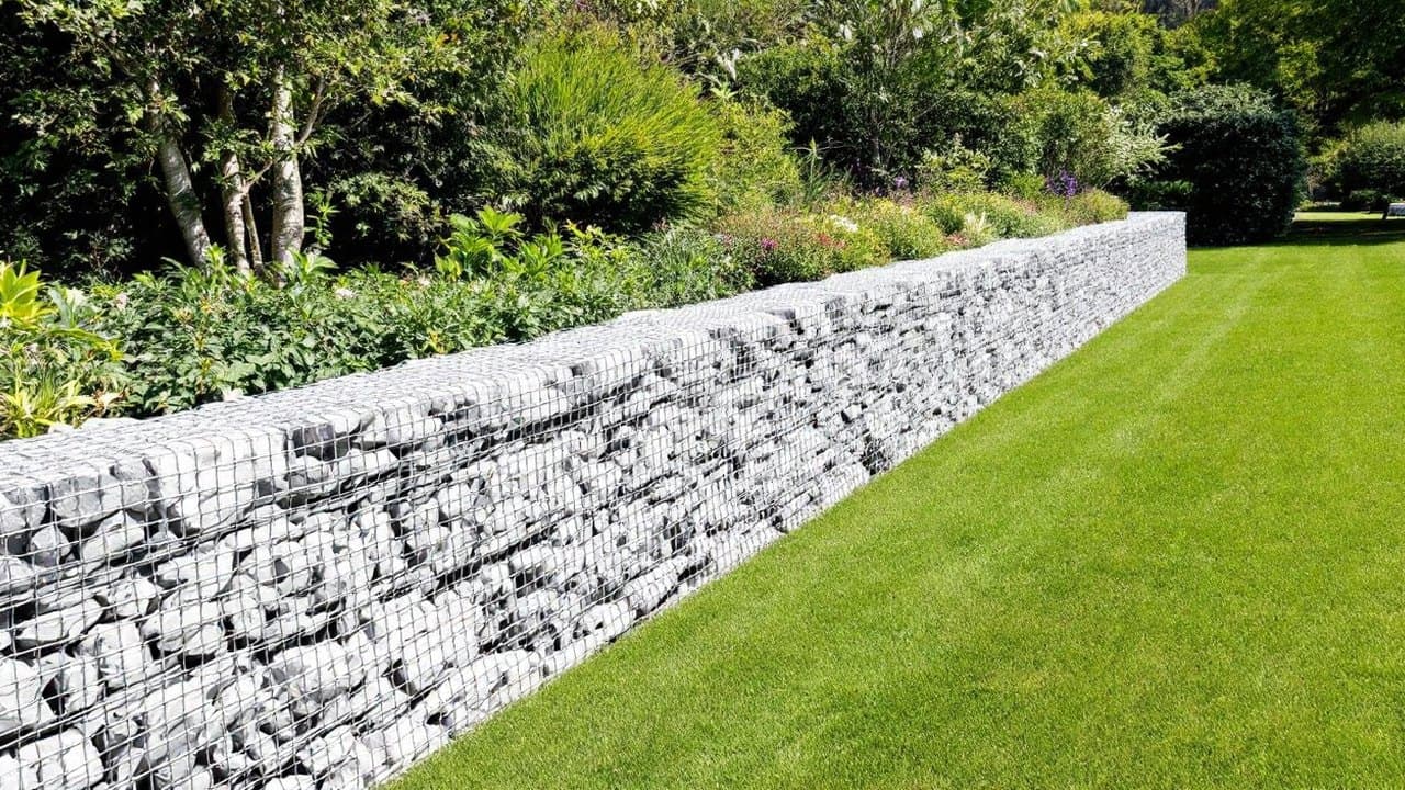Mur de soutènement en gabions remplis de pierres calcaires grises bordant une pelouse, massifs plantés au-dessus