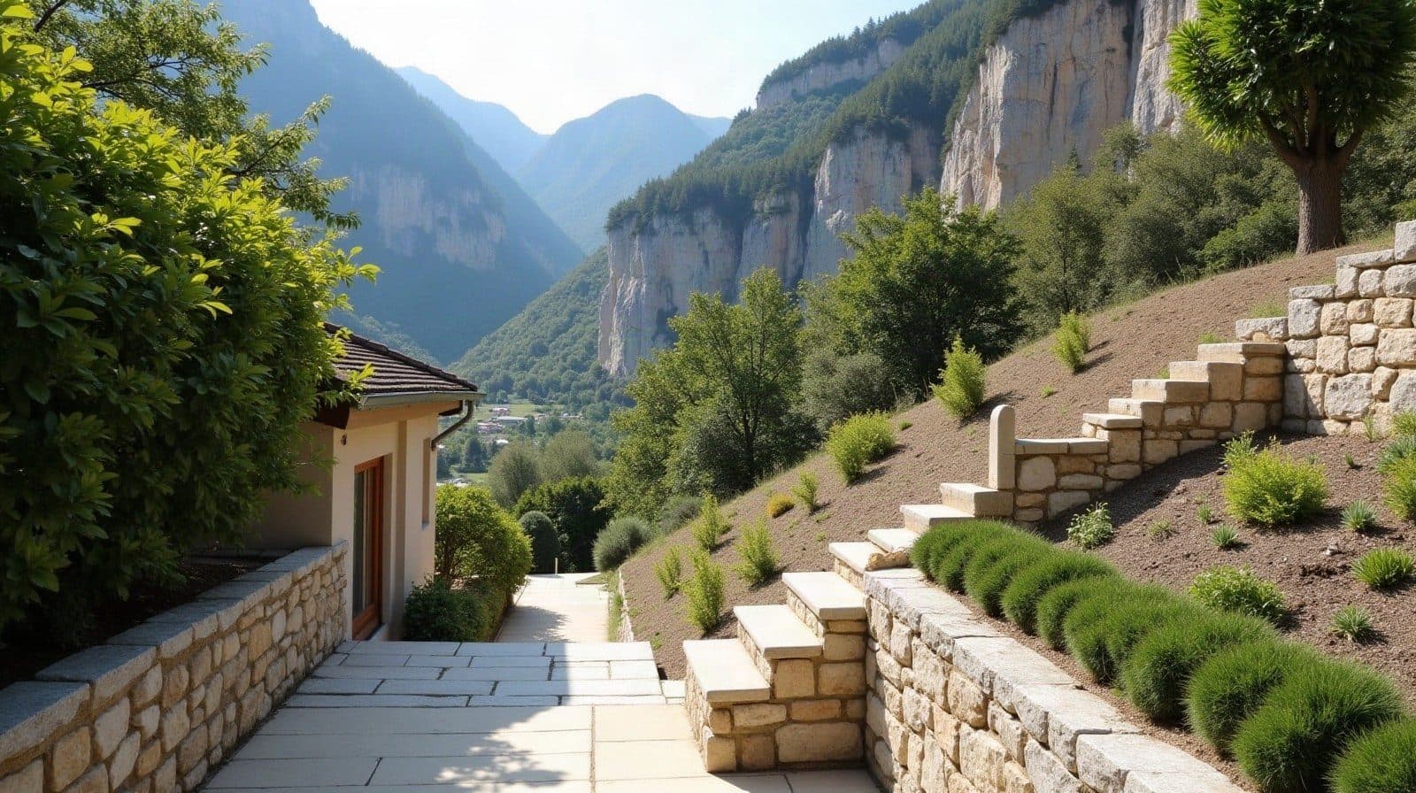 Terrain en pente à Fontaine avec le relief du Vercors en arrière-plan