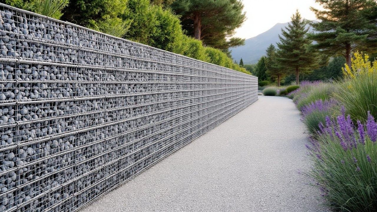 Mur en gabions remplis de galets gris le long d'une allée de jardin en gravier bordée de lavandes, montagne au loin