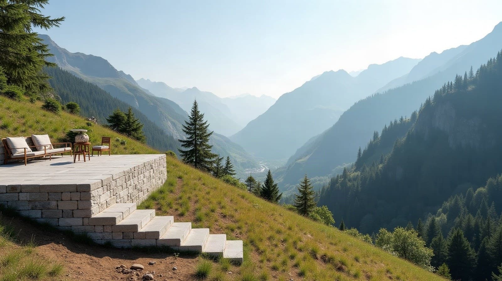 Terrain en pente en périphérie de Grenoble avec les massifs environnants en arrière-plan