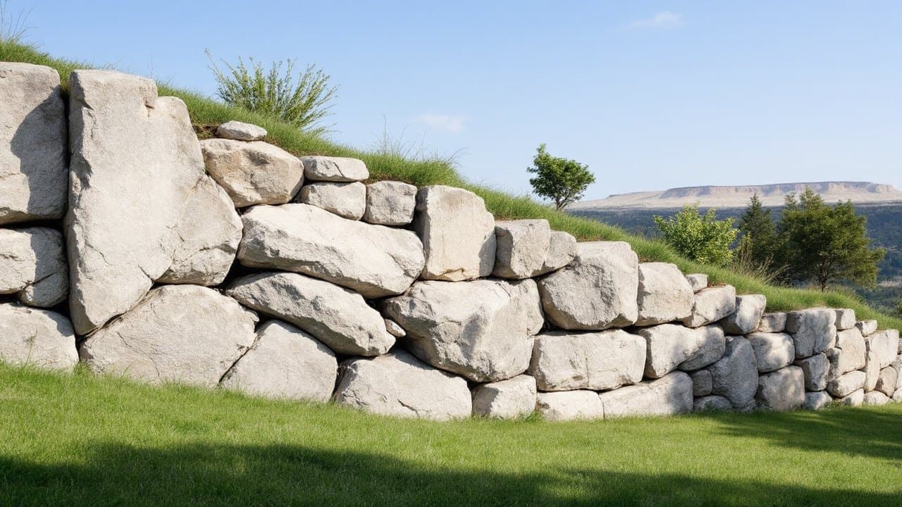 Enrochement en blocs anguleux de pierre grise incliné vers le talus d'un jardin, plateau calcaire à sommet plat au loin