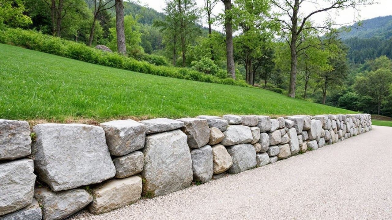Enrochement en blocs gris retenant un talus engazonné au bord d'une allée gravillonnée, versants boisés au fond