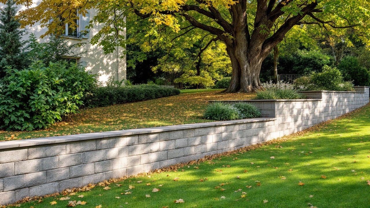 Mur de soutènement en pierre grise à assises régulières retenant une terrasse où un grand arbre a été conservé, feuilles d'automne sur la pelouse