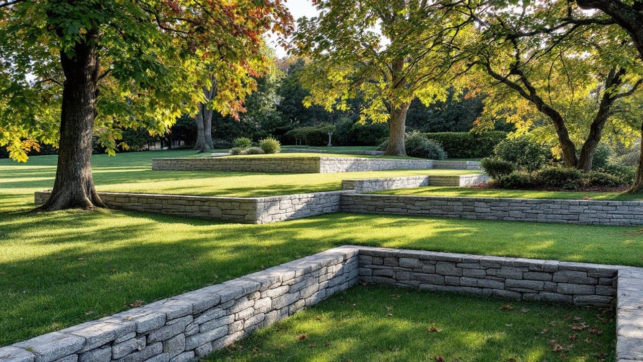 Paliers de jardin engazonnés retenus par des murets bas en pierre sèche, sous de grands arbres