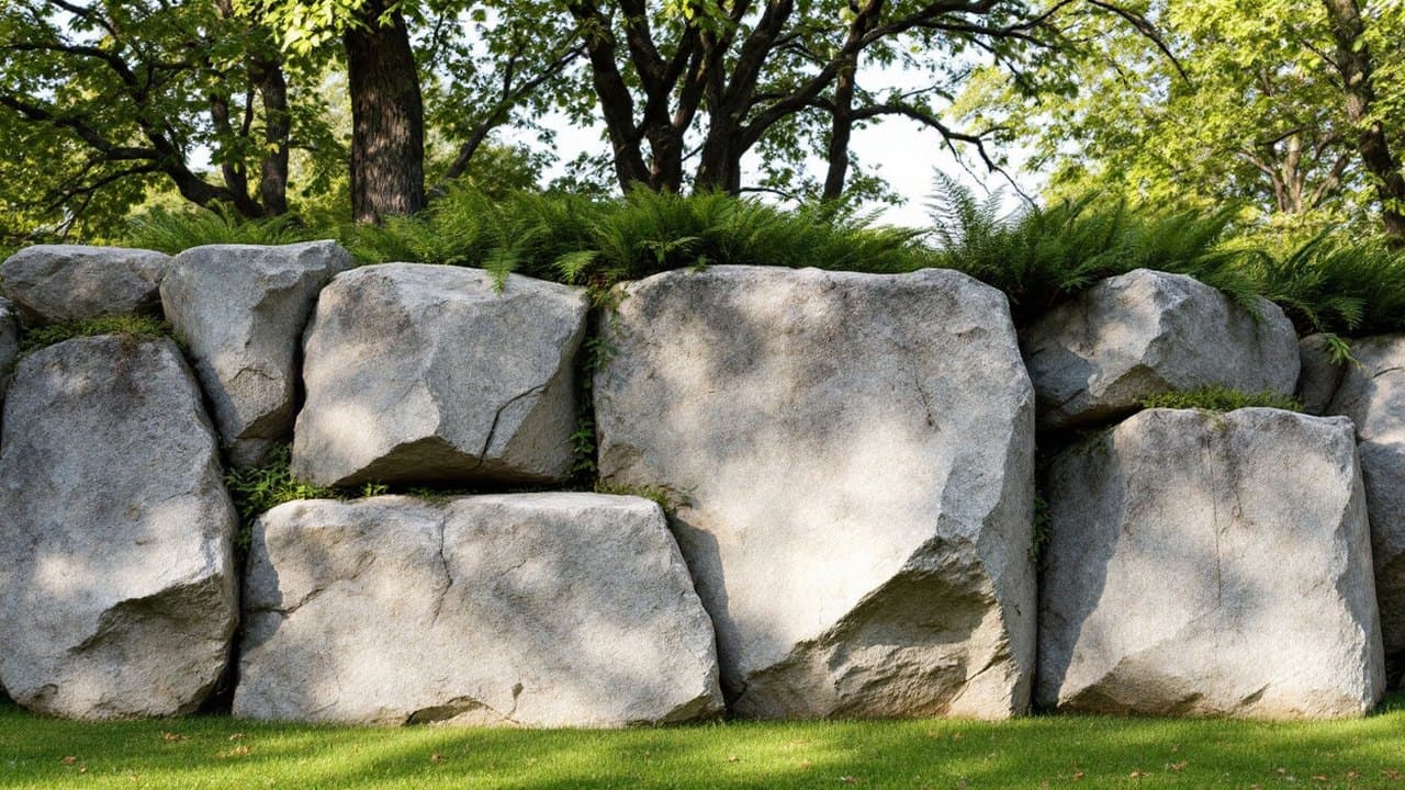 Enrochement en gros blocs anguleux de pierre grise retenant un jardin, fougères plantées au sommet, sous les arbres