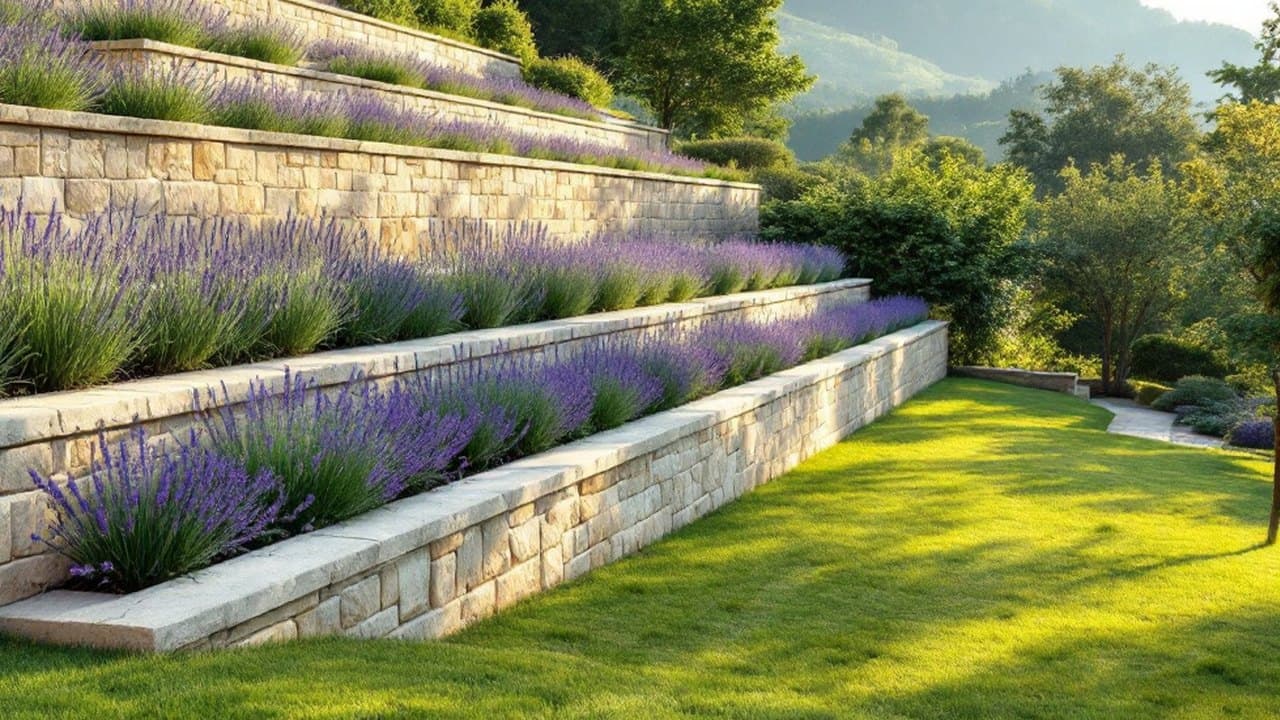 Jardin en terrasses retenu par trois murs bas en pierre calcaire claire, chaque palier planté de lavande, collines boisées au fond