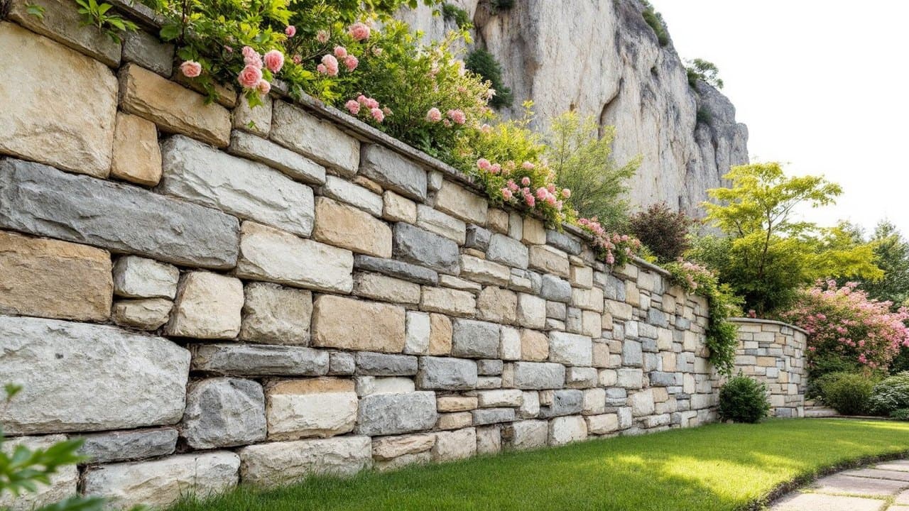 Mur ancien en pierre rejointoyé retenant une terrasse fleurie de rosiers, falaise calcaire en arrière-plan