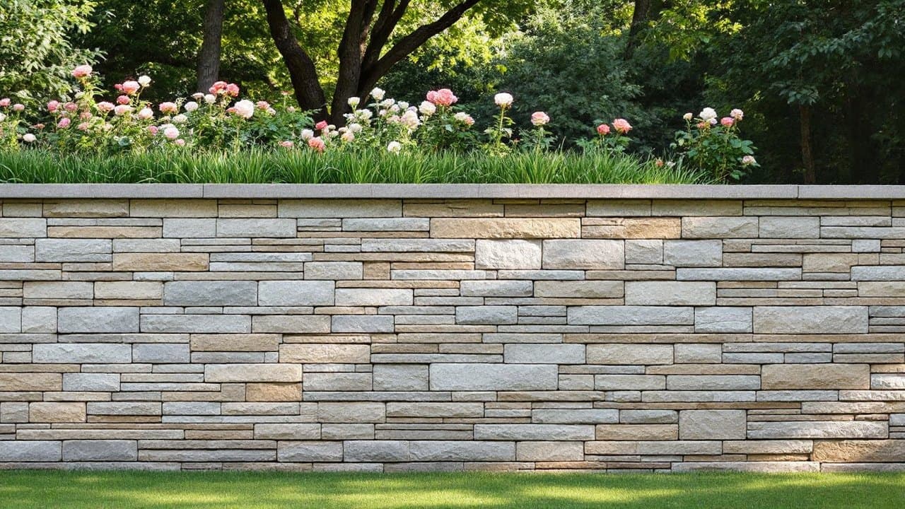 Mur de soutènement en pierre calcaire grise et ocre à assises régulières, couronnement de dalles, rosiers en fleurs au-dessus