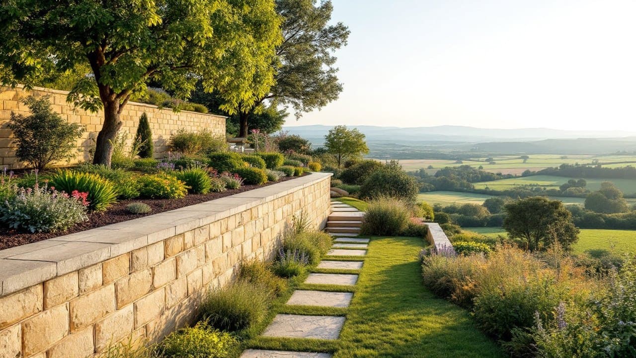 Mur de soutènement en pierre dorée couronné de dalles, retenant une terrasse plantée au-dessus d'une large plaine