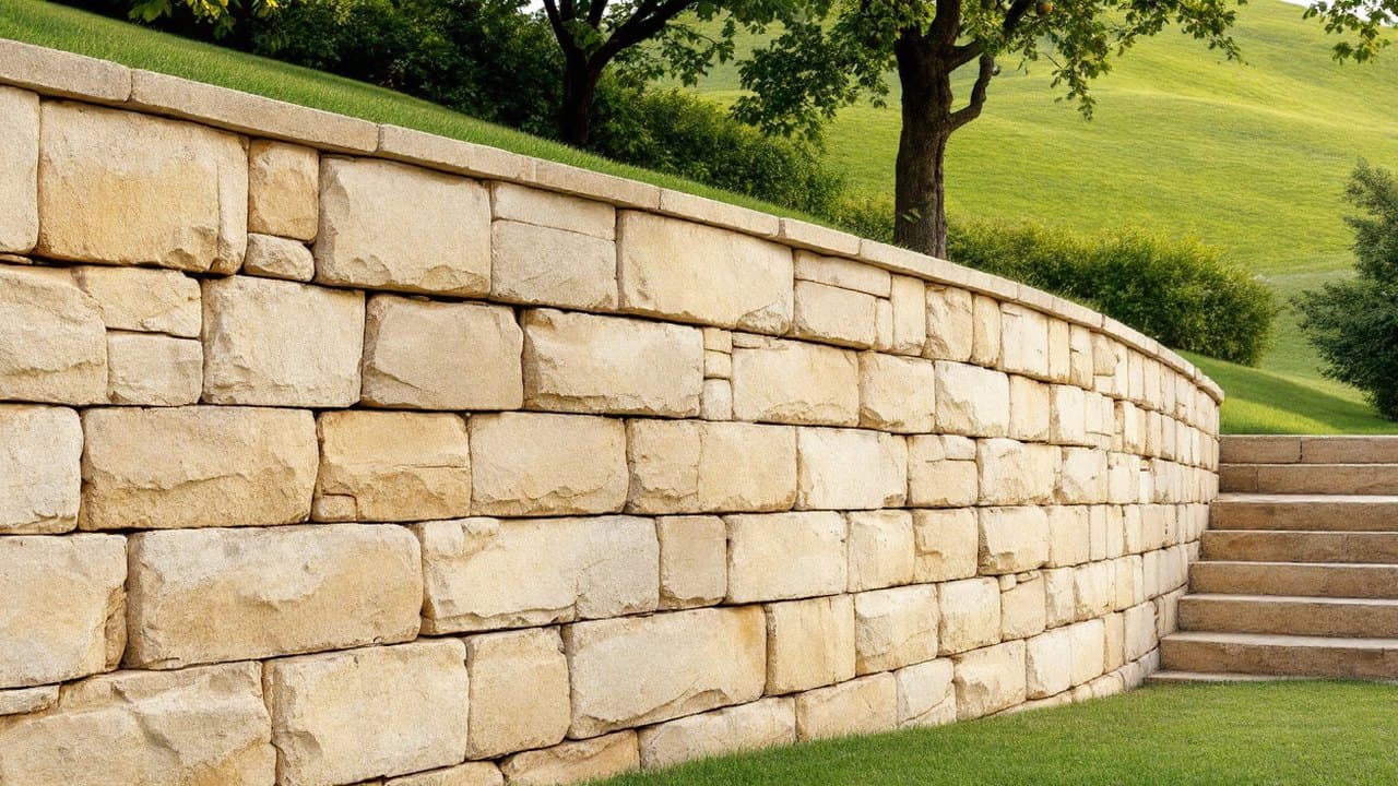 Mur de soutènement courbe en pierre calcaire dorée à assises régulières, escalier de pierre au bout, coteau herbeux au-dessus