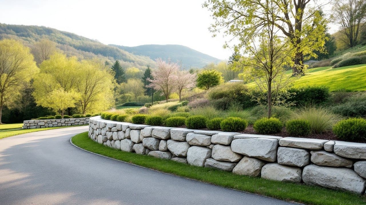 Enrochement en blocs clairs retenant un talus planté le long d'une allée de jardin, collines boisées en arrière-plan