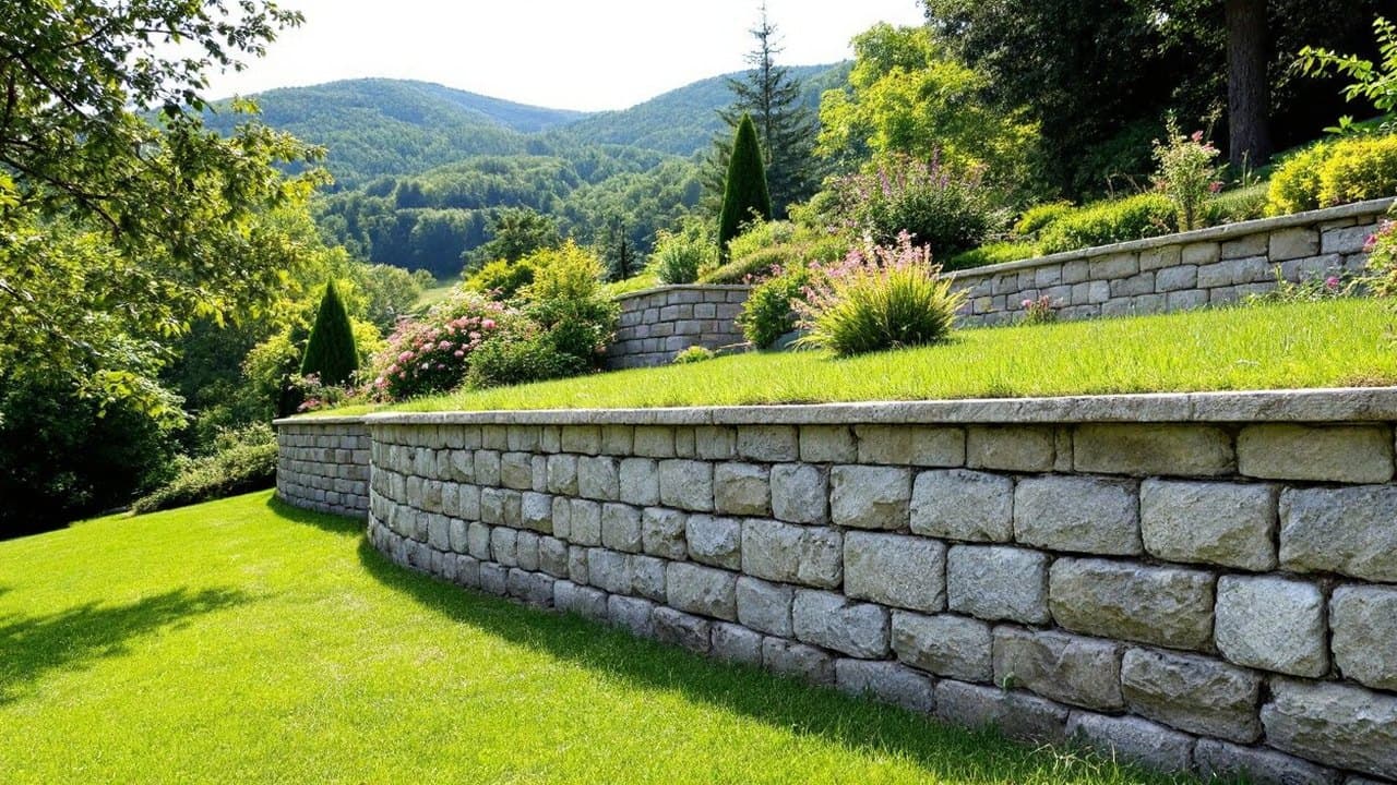 Mur de soutènement en pierre grise à assises régulières retenant un jardin en pente, collines boisées en arrière-plan