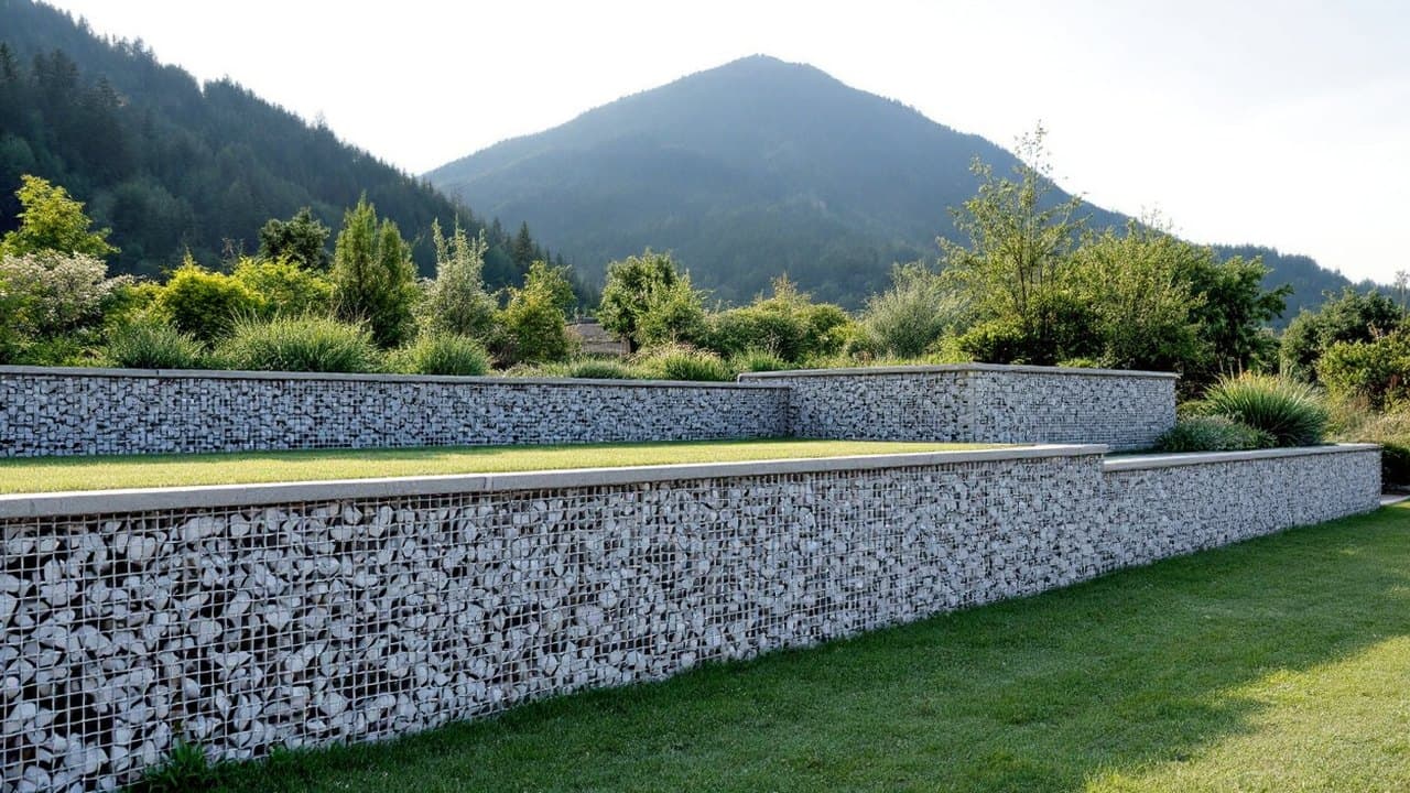 Mur en gabions à deux niveaux bordant une plateforme de jardin engazonnée, versants boisés en arrière-plan
