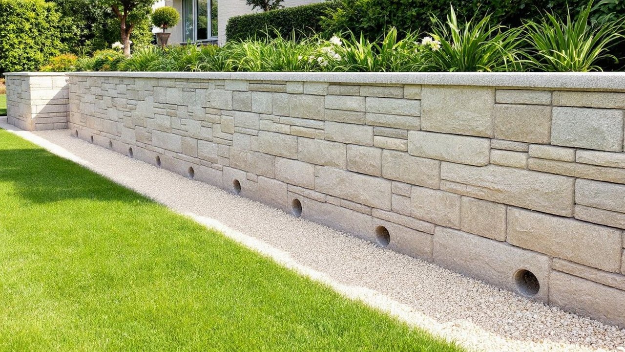 Mur de soutènement en pierre muni d'une rangée de barbacanes près de sa base, bande de gravier clair à son pied