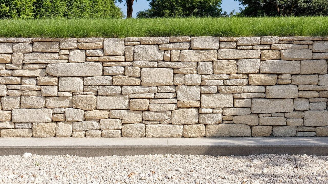 Mur de soutènement en pierre posé sur une semelle en béton, au-dessus d'un sol de gravier clair