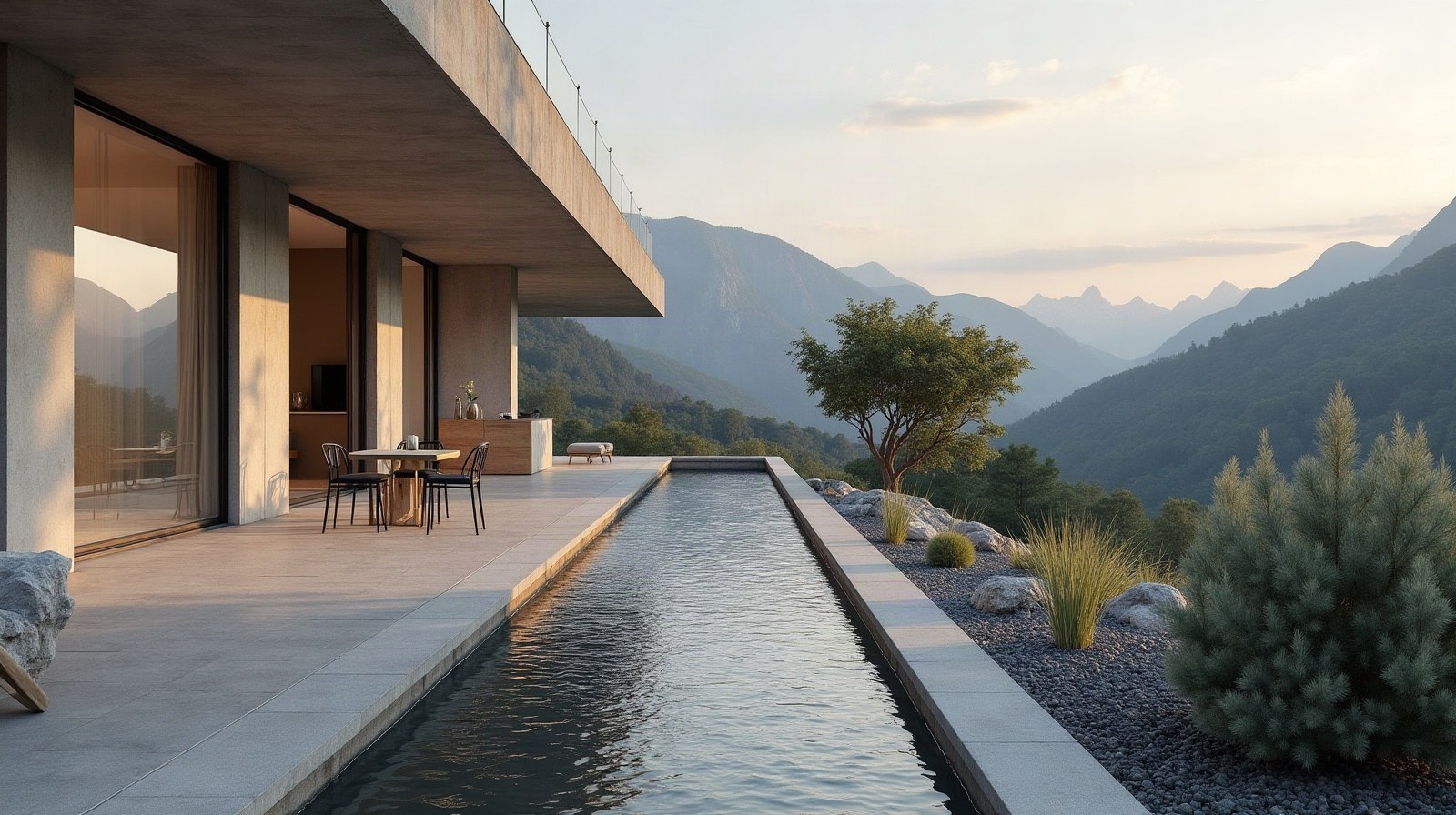 Terrasse en pied de talus avec écoulement d'eau canalisé sur le côté