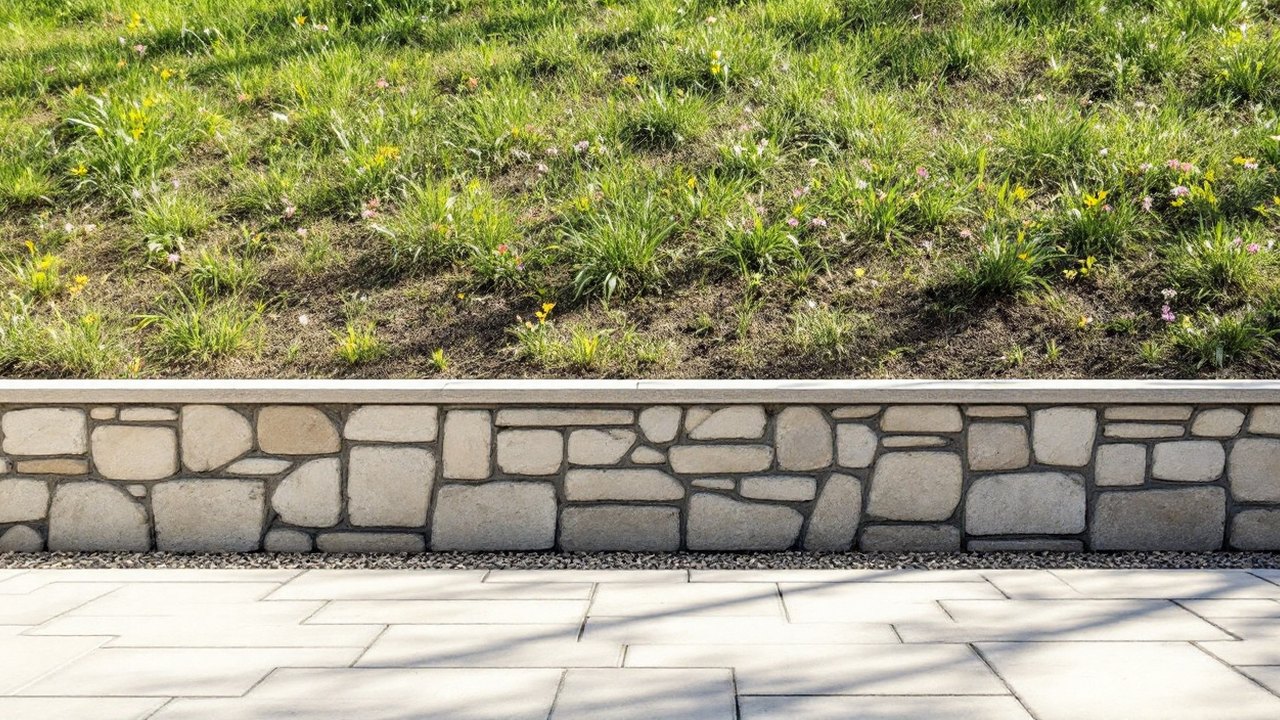 Terrasse dallée au pied d'un talus engazonné, tenu par un muret de pierre avec une bande de gravier drainant entre les deux