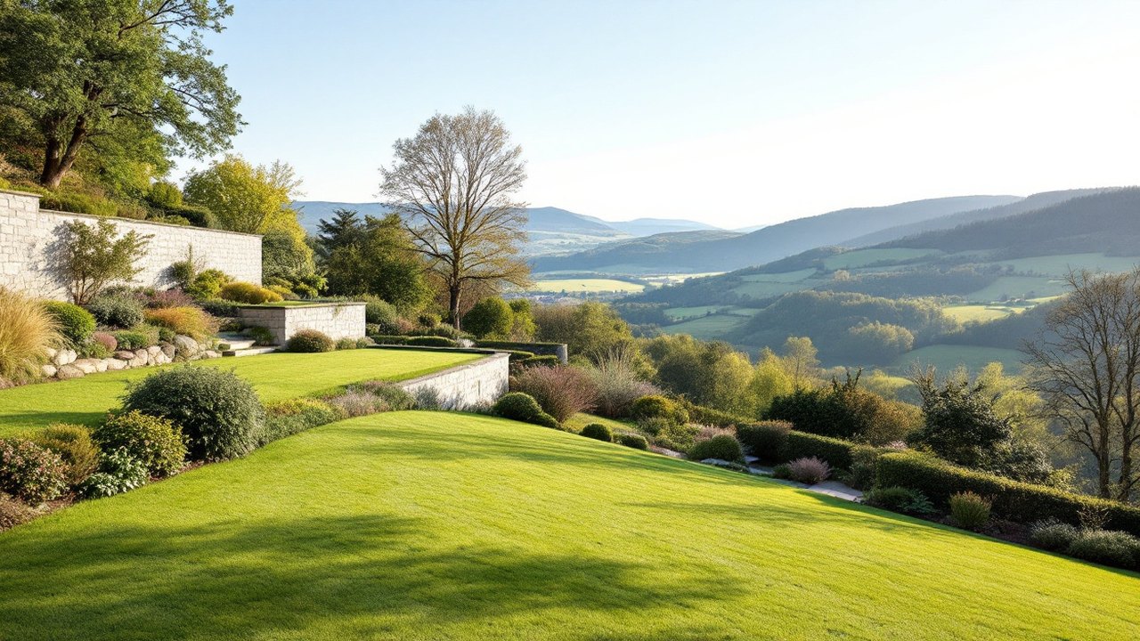 Jardin de coteau en paliers de pelouse tenus par des murets de pierre, vallée large en contrebas