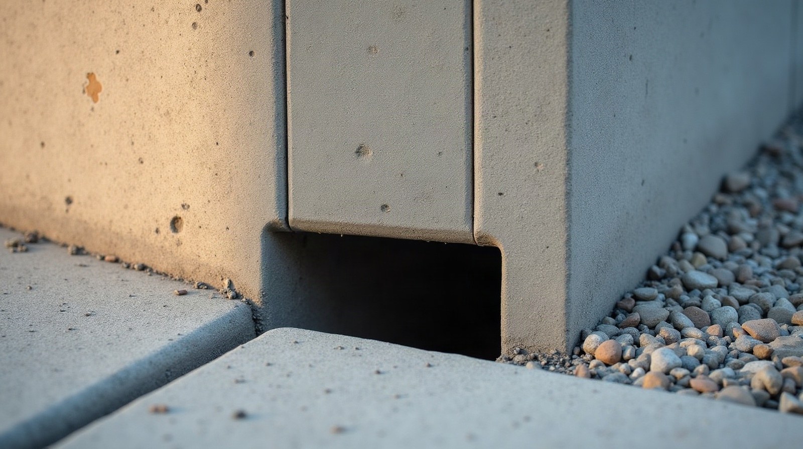 Détail d'un drain de pied de mur avec gravier drainant apparent contre la paroi
