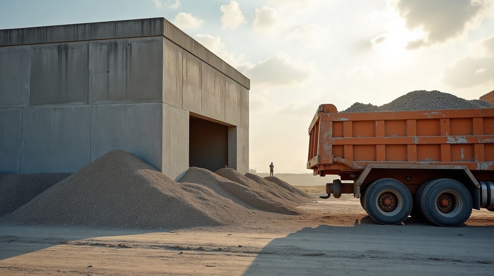 Camion de chantier chargeant de la terre de déblai sur un accès de coteau étroit