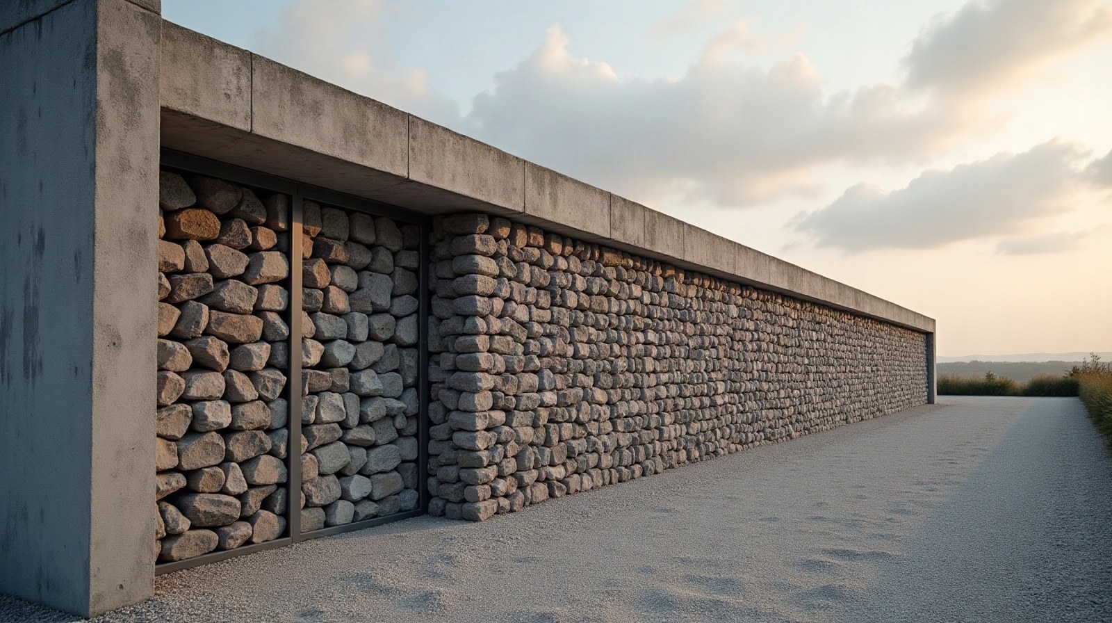Empilement de cages de gabions remplies de pierres en pied d'un talus