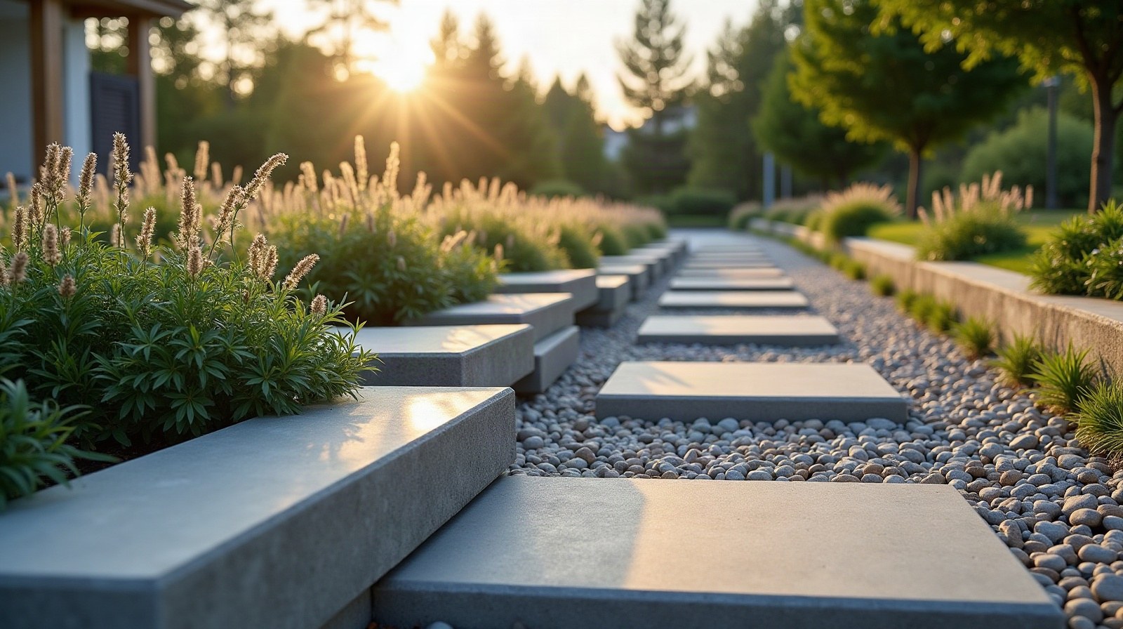 Paliers de jardin en pente aménagés sur un terrain résidentiel de coteau