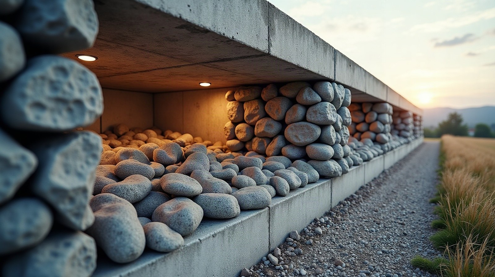 Cage de gabion remplie de pierres, posée en pied d'un talus étroit d'accès