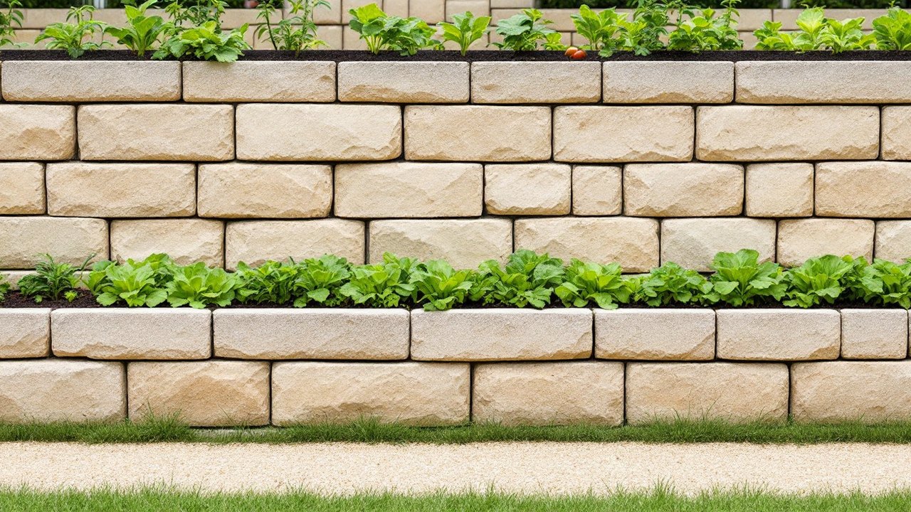 Murets en blocs de pierre claire retenant des paliers de potager