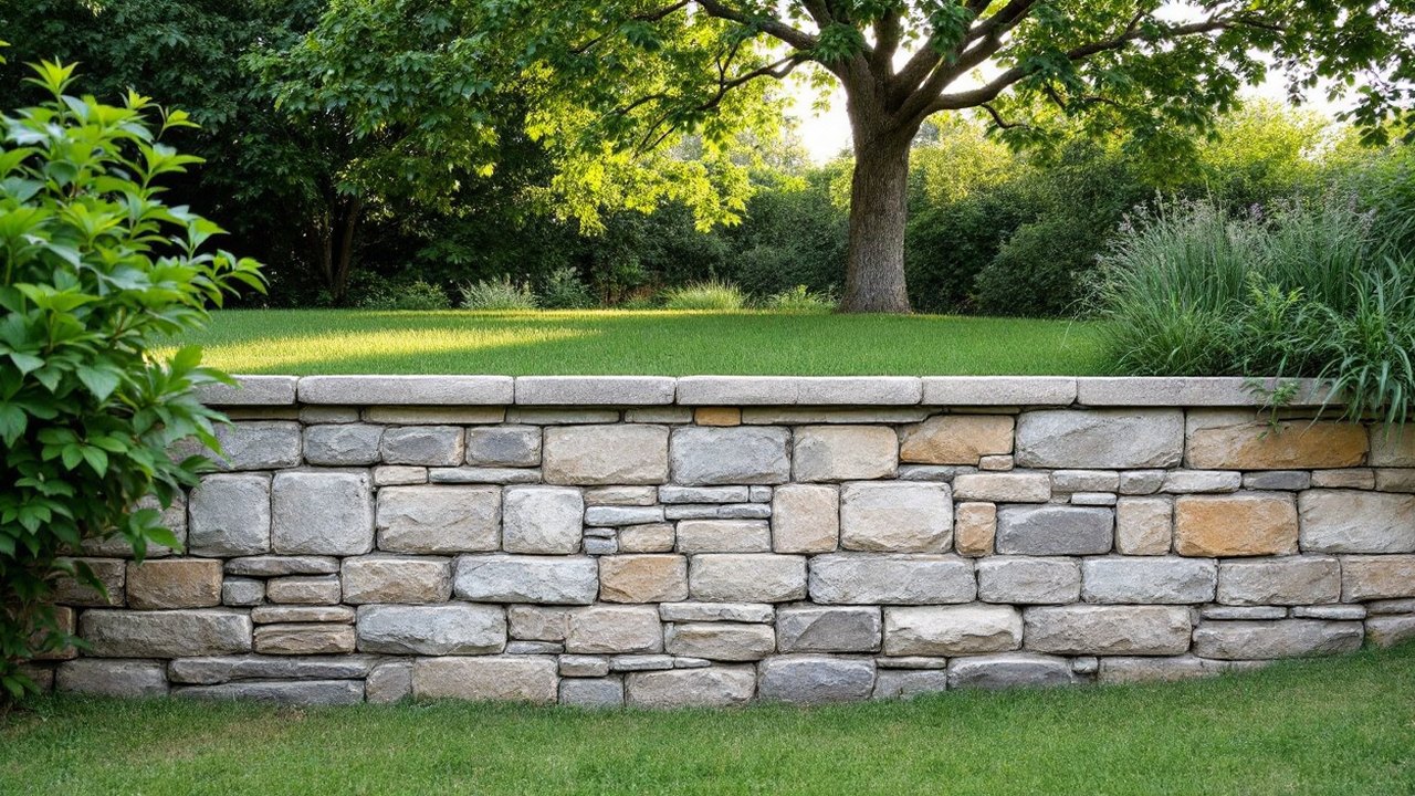 Mur ancien en pierre sèche repris, pierres calées à joints serrés et couronnement de dalles, pelouse au-dessus