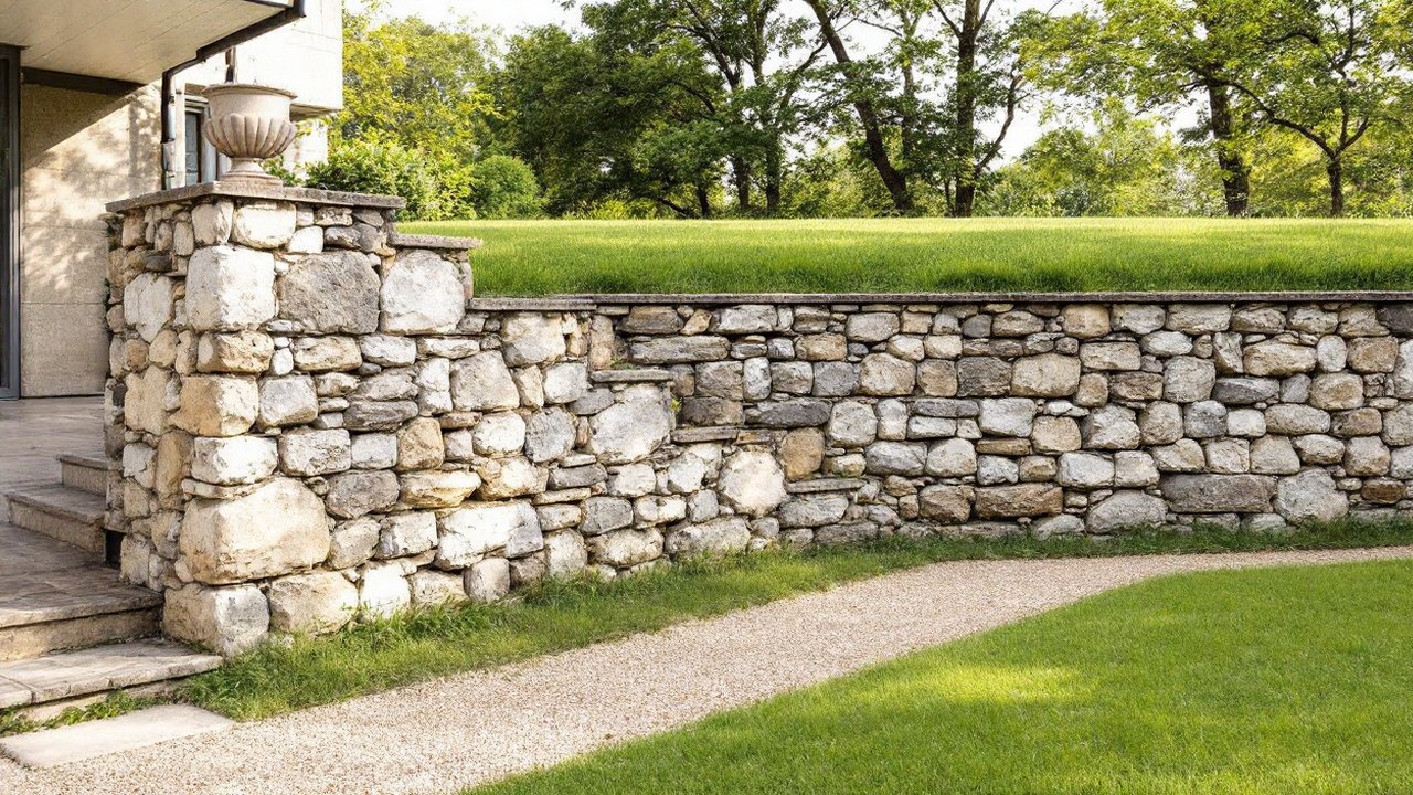 Mur de soutènement en pierre repris côté aval, allée de gravier au pied, jardin amont intact
