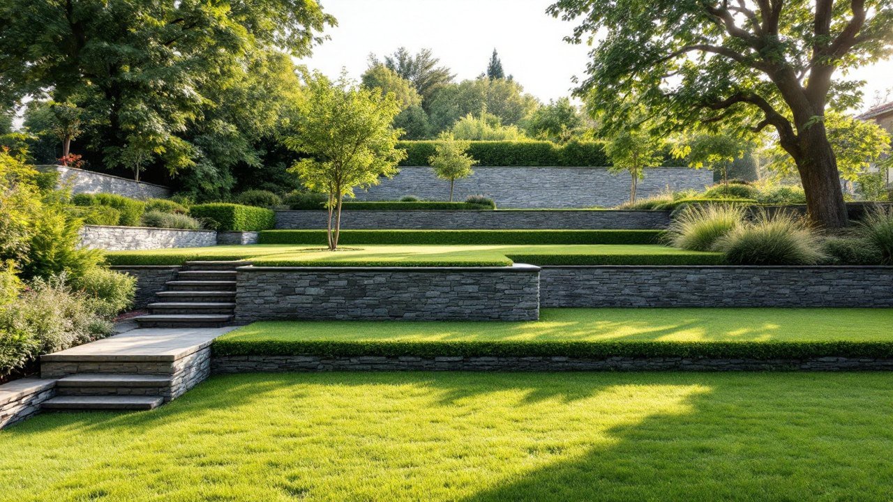 Jardin en pente douce aménagé en paliers de pelouse tenus par des murets de pierre, escalier entre les niveaux
