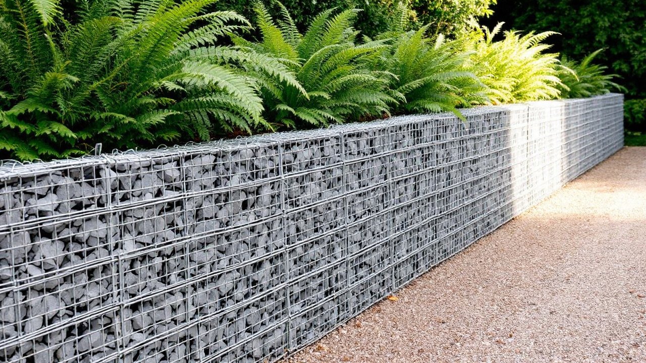 Mur en gabions fini le long d'une allée, cages galvanisées remplies de pierre concassée, fougères au-dessus