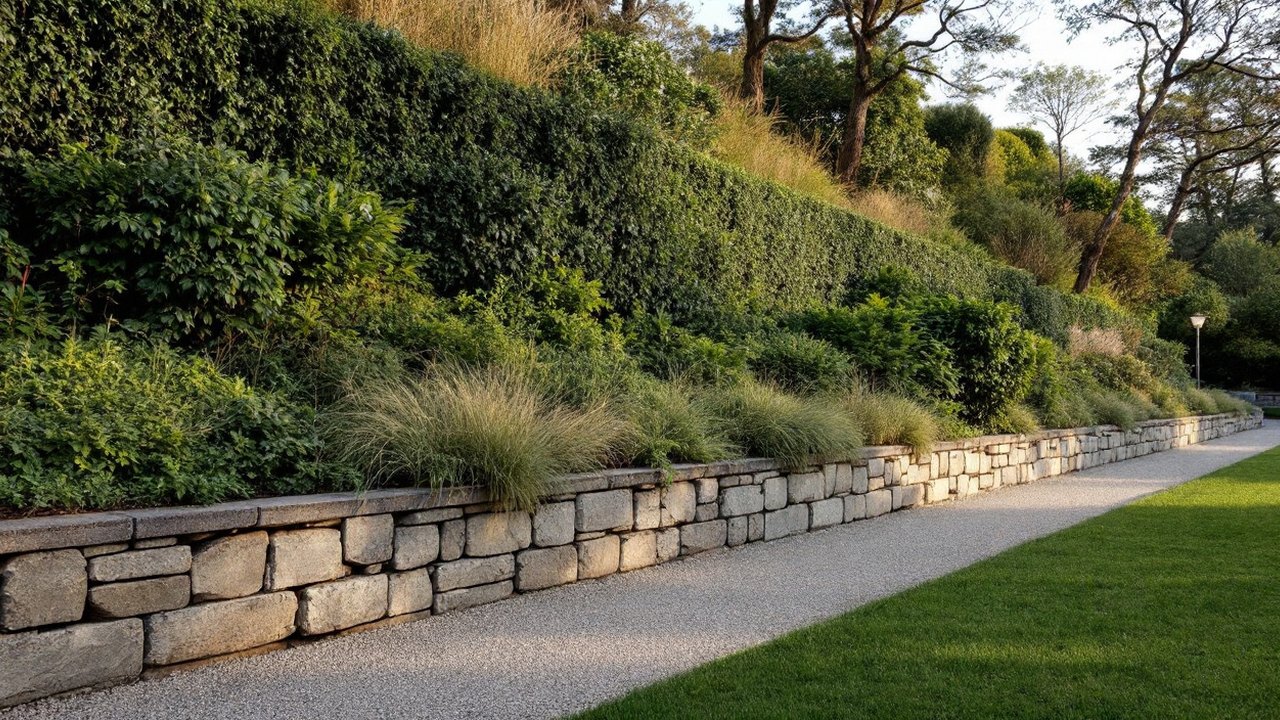Talus planté au pied tenu par un muret de pierre sèche, le long d'une allée de gravier