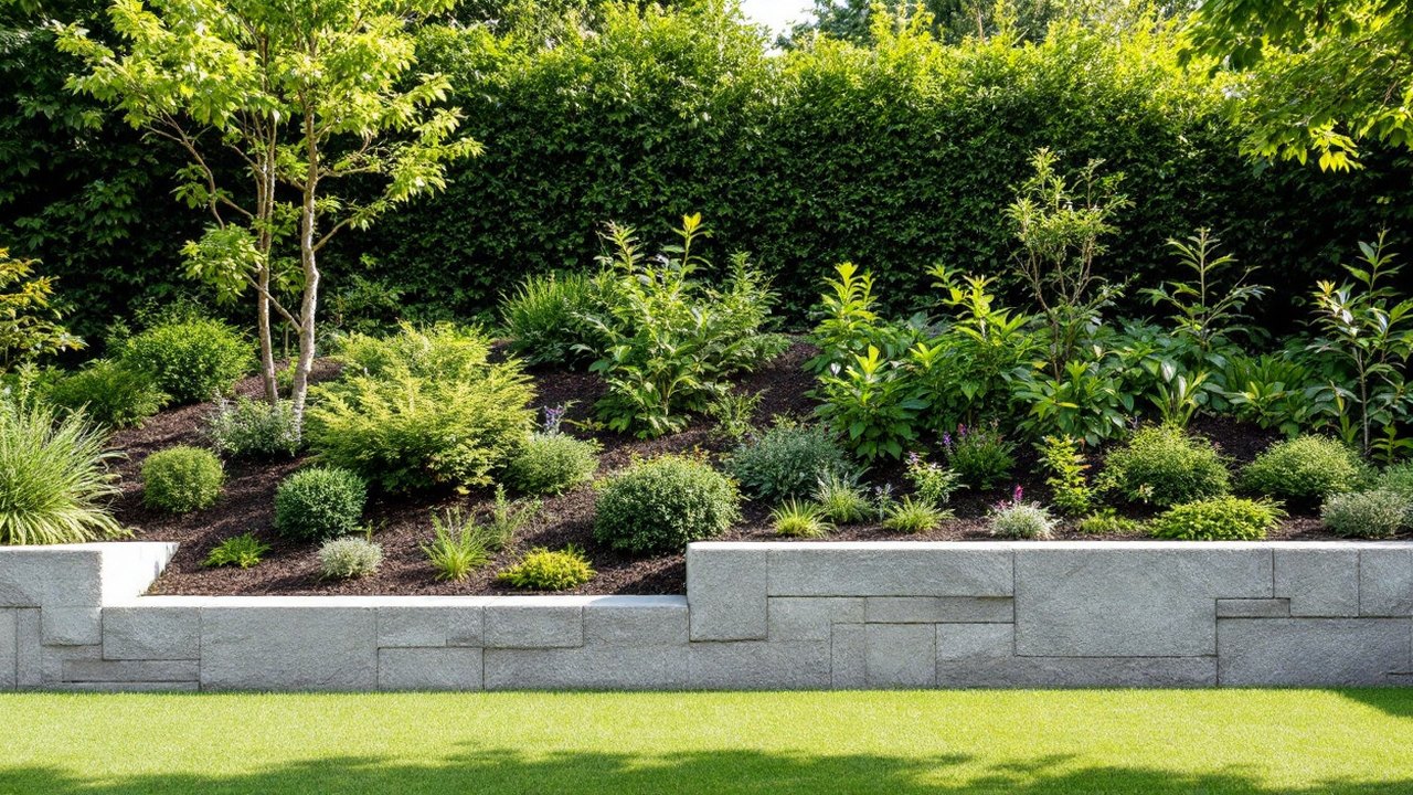 Talus de jardin planté d'arbustes, son pied tenu par un muret bas en blocs de pierre