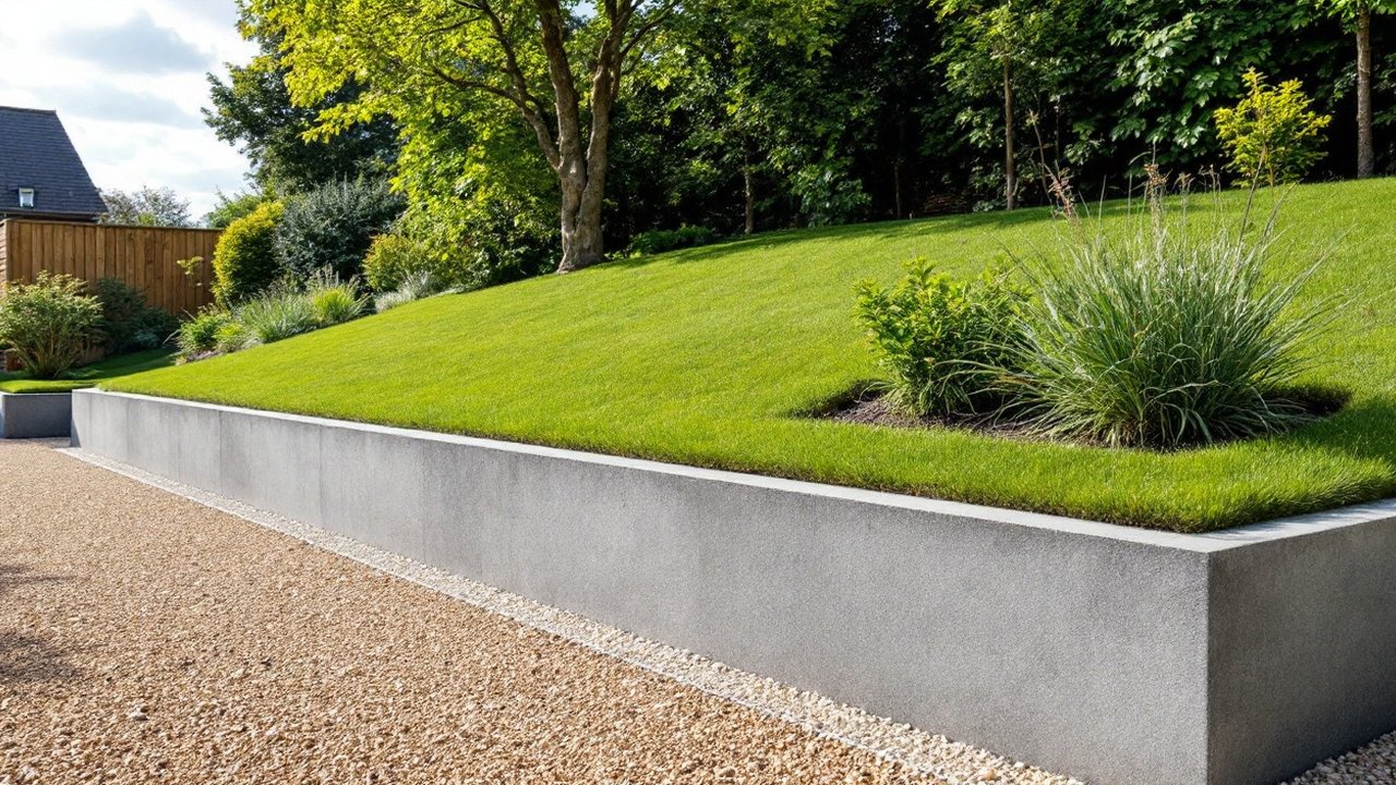Talus de jardin repris et engazonné, retenu par un mur bas en béton, bande de gravier à son pied