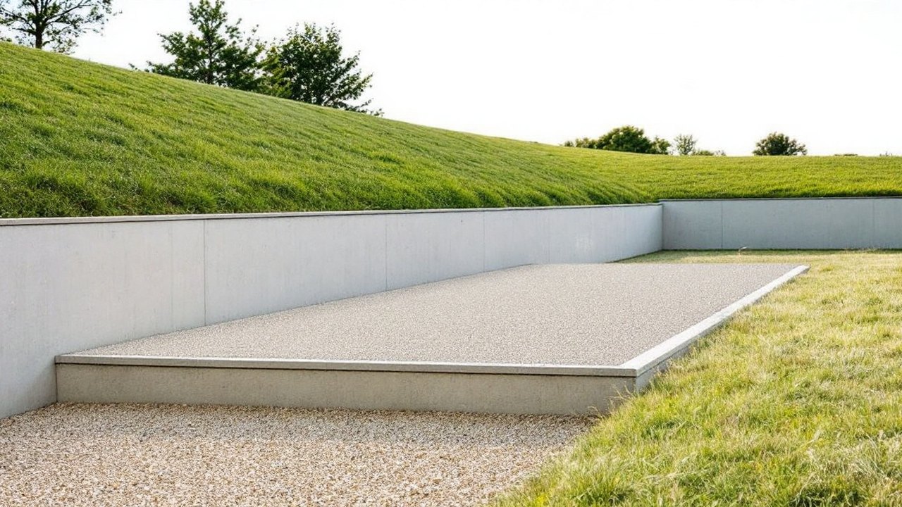 Plateforme de gravier compacté nivelée sur un terrain en pente, bordée par un mur en béton