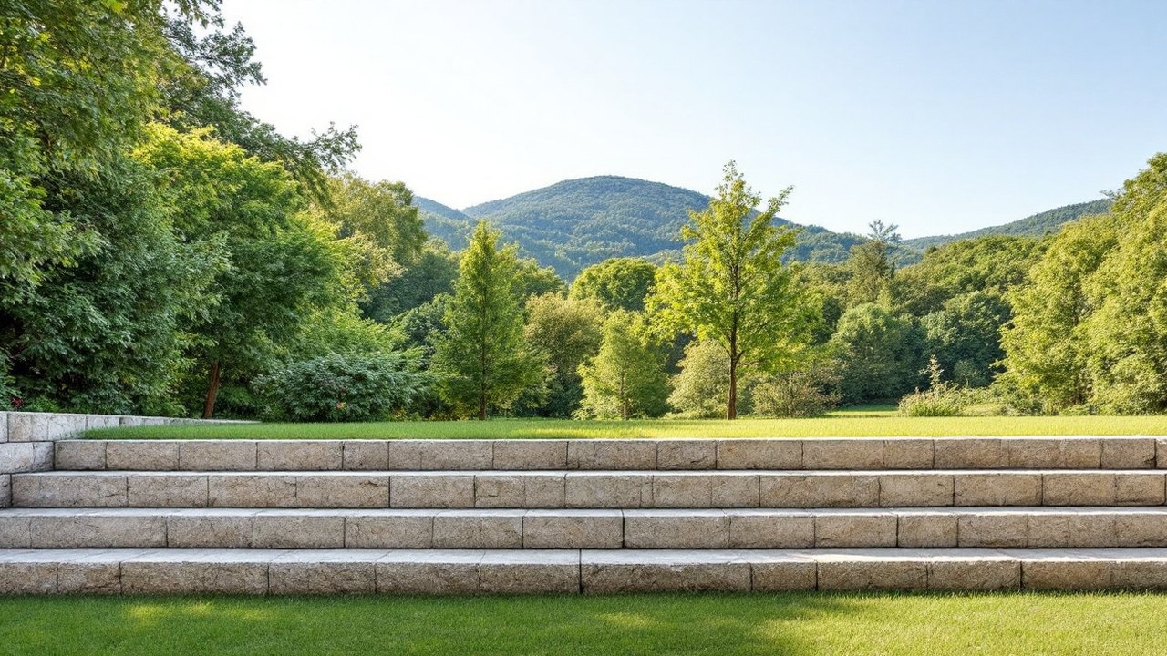 Mur de soutènement bas en pierre claire retenant une pelouse, collines boisées au loin