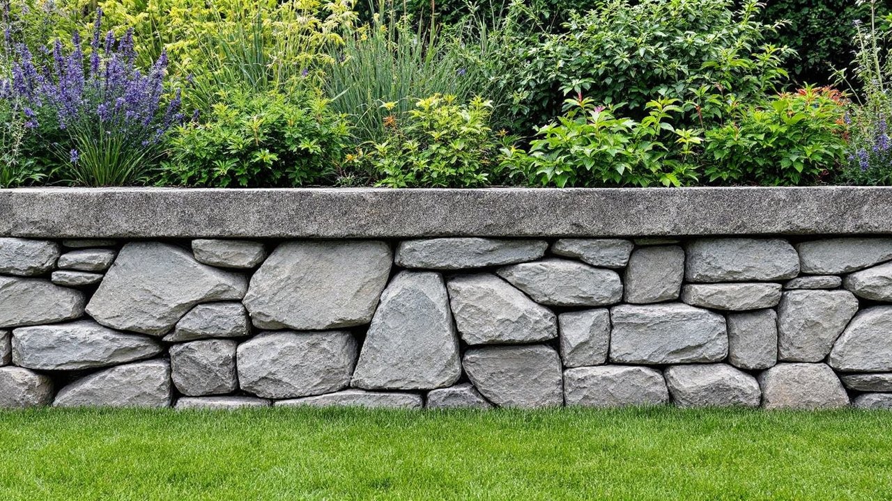 Mur de pierre au pied d'un talus planté, versants boisés en arrière-plan