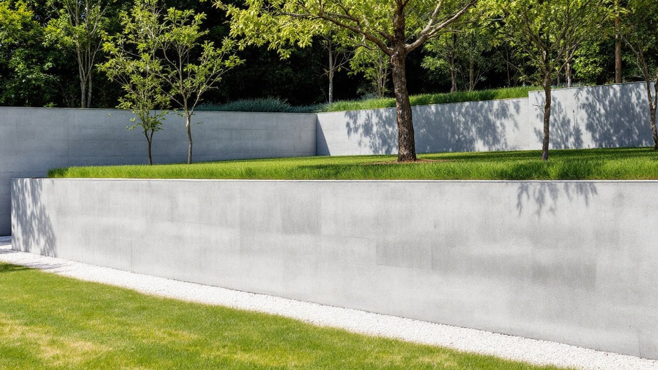 Mur de soutènement achevé retenant un jardin en pente de l'agglomération grenobloise, parement net et couronnement posé